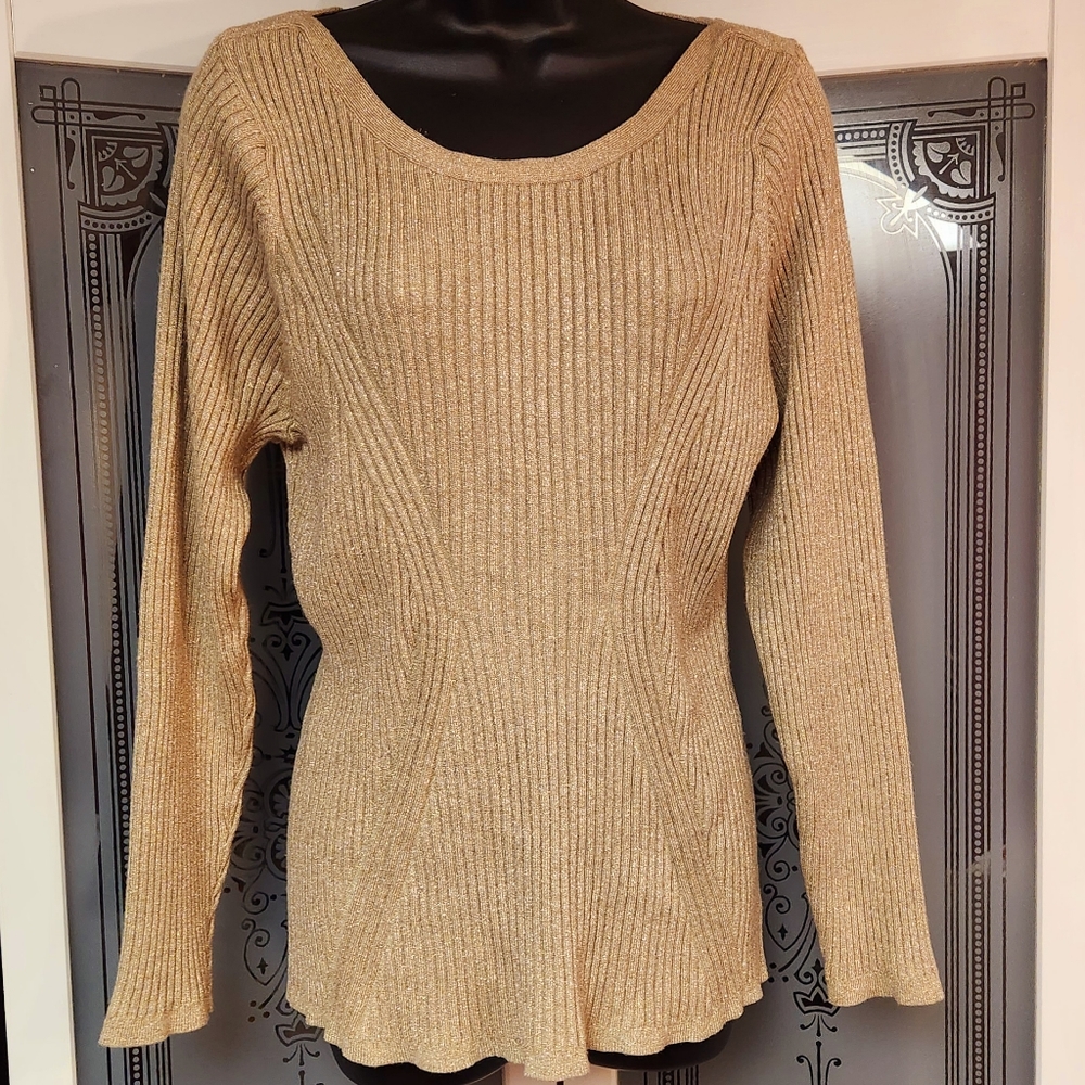 22/24 · Lane Bryant · Round Neck Long Sleeve Ribbed Sweater · Tan Metallic Gold